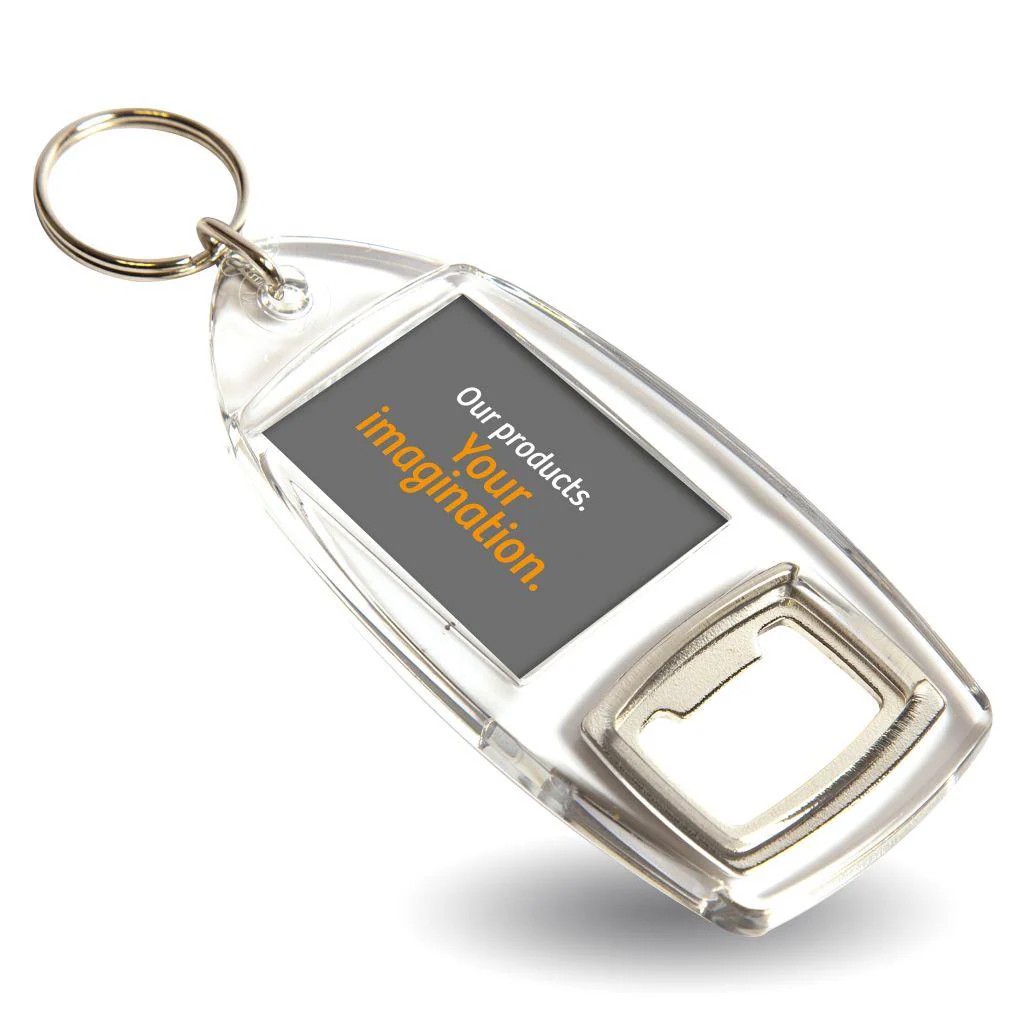 R1 Bottle Opener Rectangular Blank Plastic Photo Insert Keyring - 40 x 32mm - Pack of 10 - Image 3